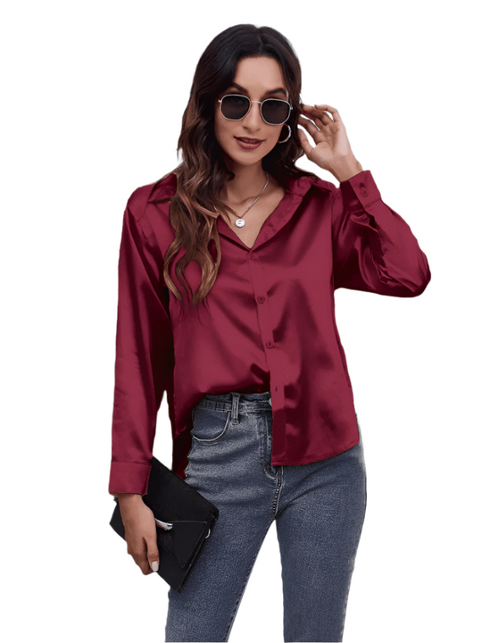 Blouse à Manches Longues Satinée Femme Chic 0