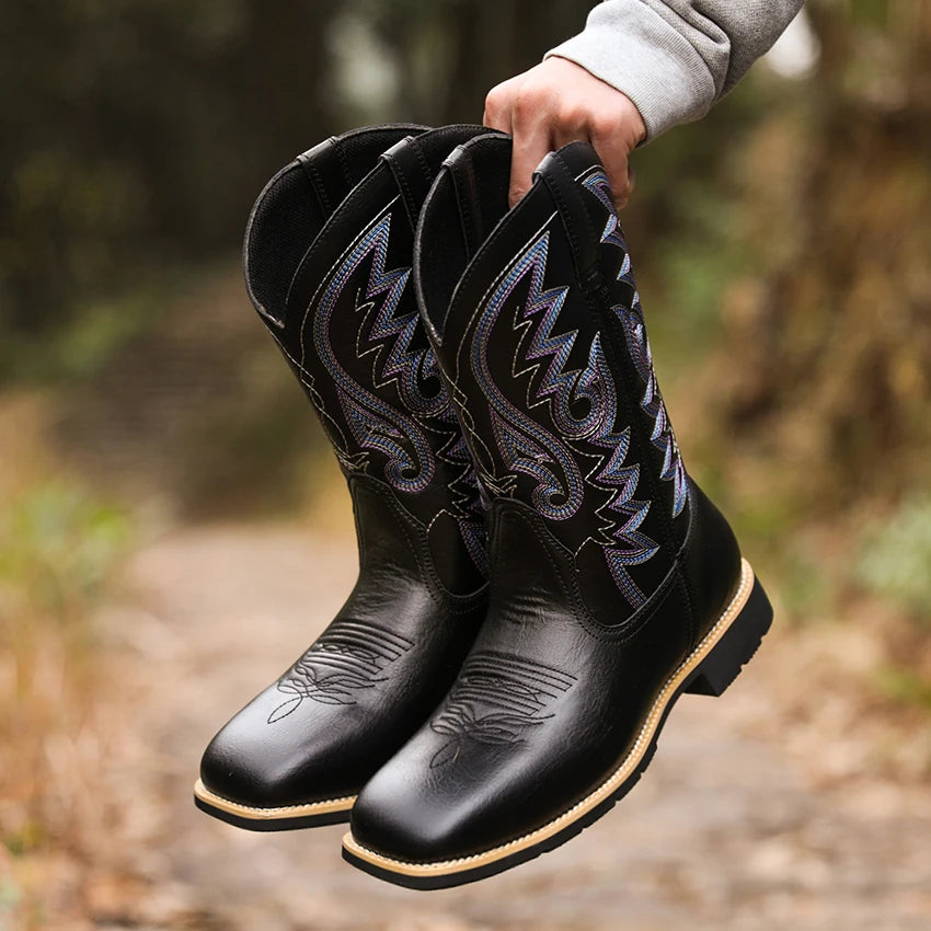 Bottes Cowboy Homme Rétro Brodées Cuir et Textile à Bout Large 5