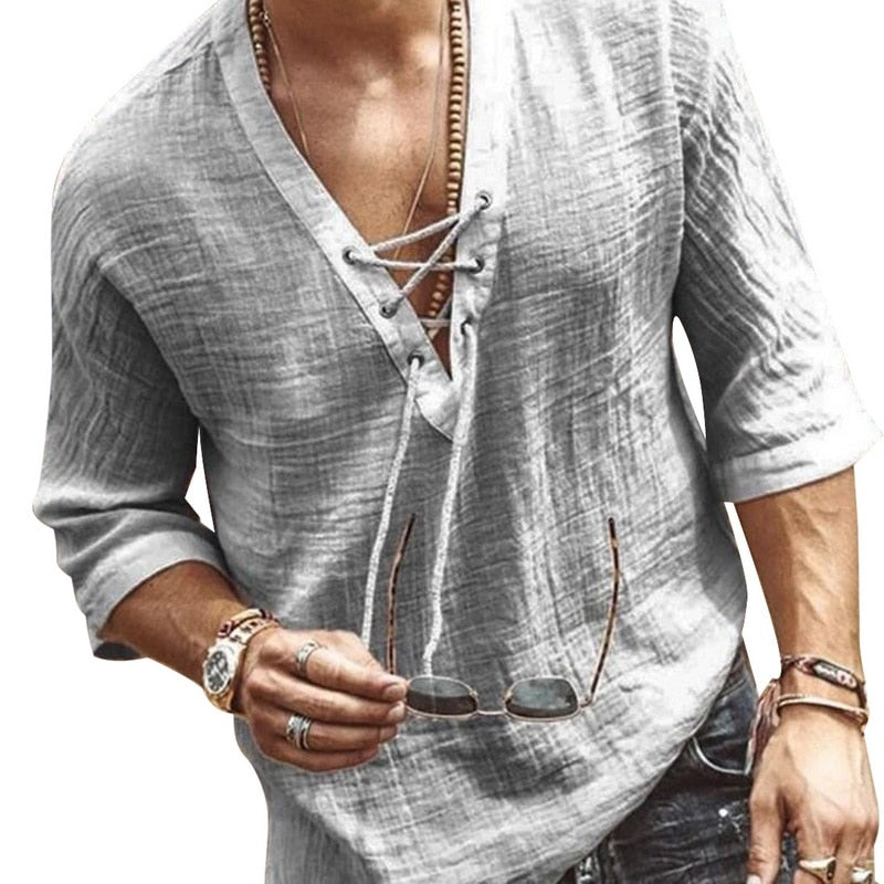 Chemise Homme Col Plongeant Coton Léger pour Été Décontracté 1