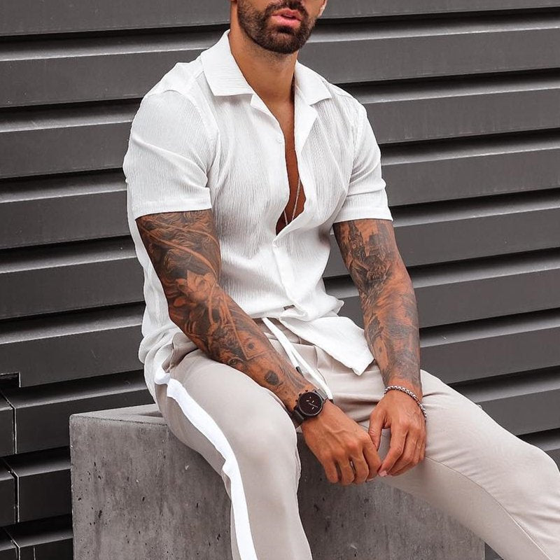 Chemise Homme Manche Courte en Lin Coton Décontractée 1