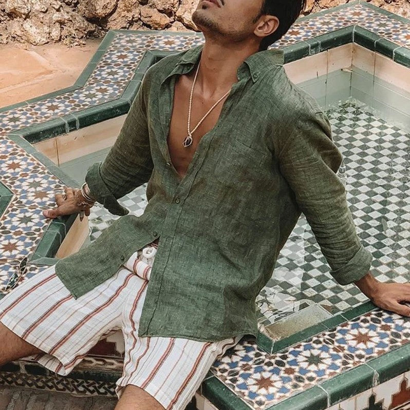 Chemise à Manches Longues pour Hommes en Mélange Coton Lin 4