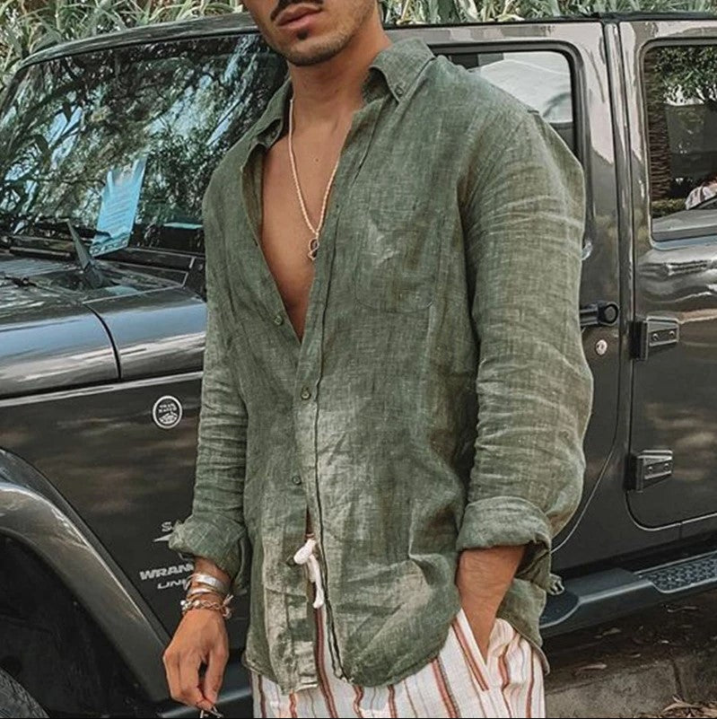 Chemise à Manches Longues pour Hommes en Mélange Coton Lin 5
