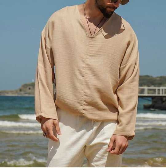 Chemise en Lin pour Homme Coupe Décontractée Col V Manches Longues 5
