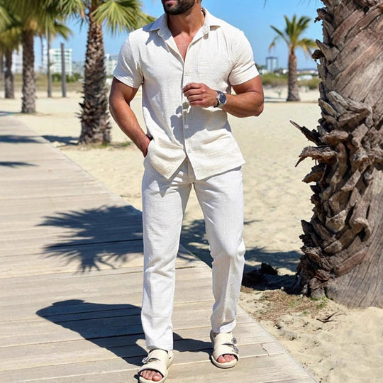 Ensemble Été Homme Chemise Manches Courtes et Pantalon Coton Léger 1