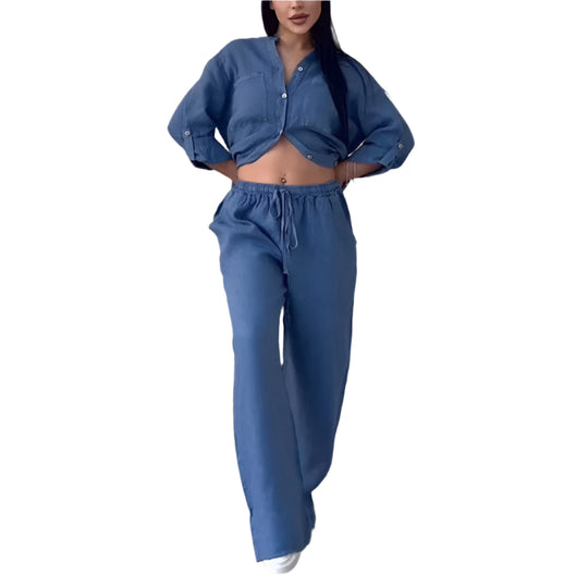 Ensemble de Chemise et Pantalon pour Femmes Lin Mélangé Coupe Décontractée Jambes Amples 0