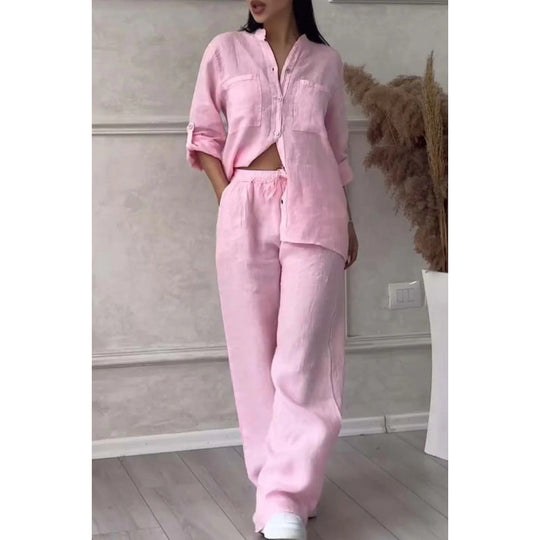 Ensemble de Chemise et Pantalon pour Femmes Lin Mélangé Coupe Décontractée Jambes Amples 8