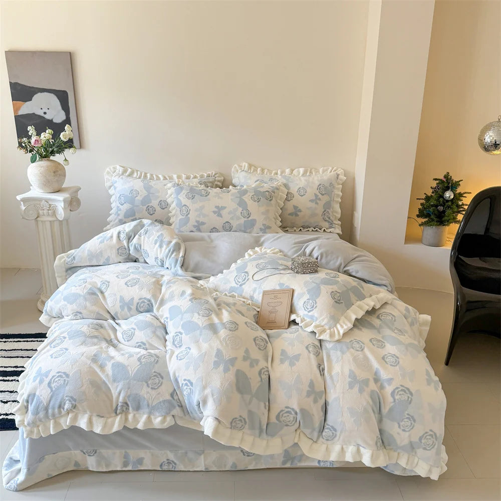 Ensemble de Literie Complet avec Couverture Matelassée et Taies d'Oreiller à Volants 6