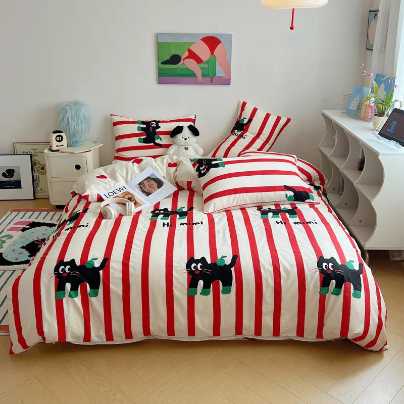 Ensemble de Literie Enfant Motif Rayures et Chats 0
