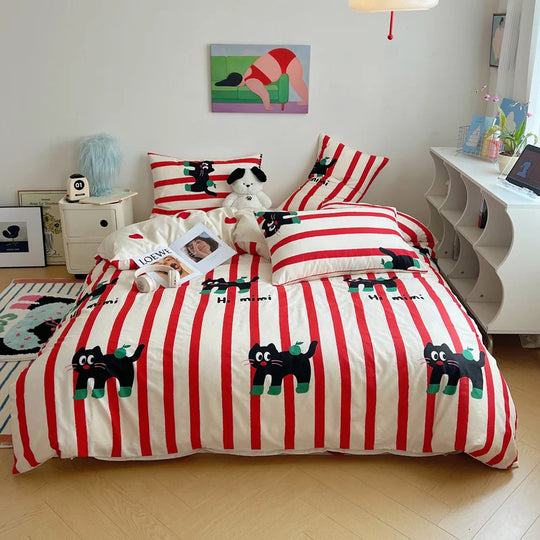 Ensemble de Literie Enfant Motif Rayures et Chats 0