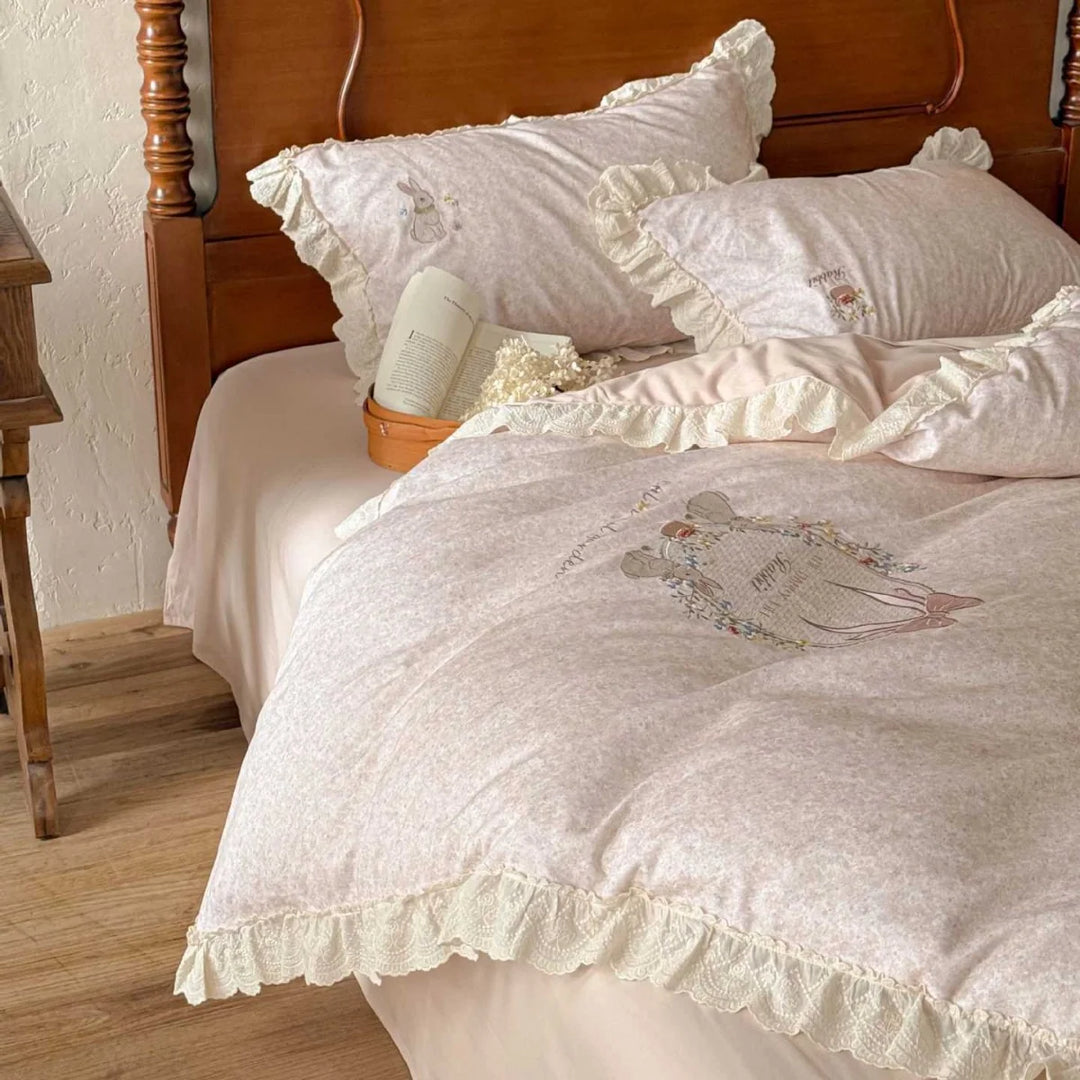 Ensemble de housse de couette vintage avec broderies florales et volants pour femme 3