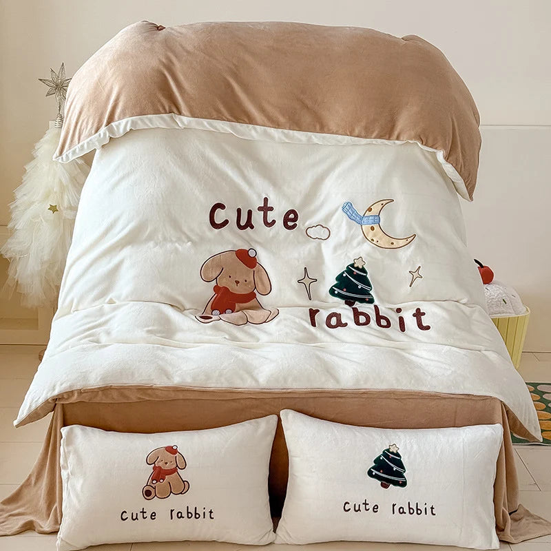 Ensemble de literie enfant avec couverture polaire et taies d'oreiller à motif lapin 0