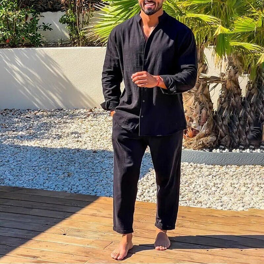 Ensemble en Lin pour Hommes – Chemise à Coupe Détendue et Pantalons Droits 1