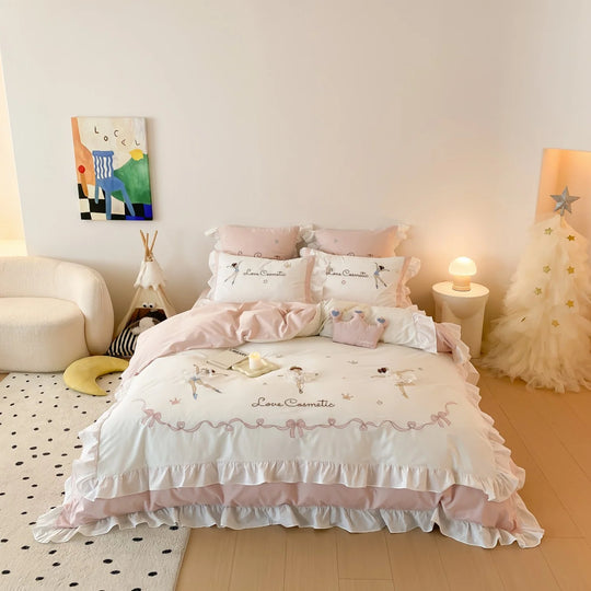 Parure de Lit 220x240 avec Volants et Imprimé Ballerine, Linge de Lit Féminin Charmant 0