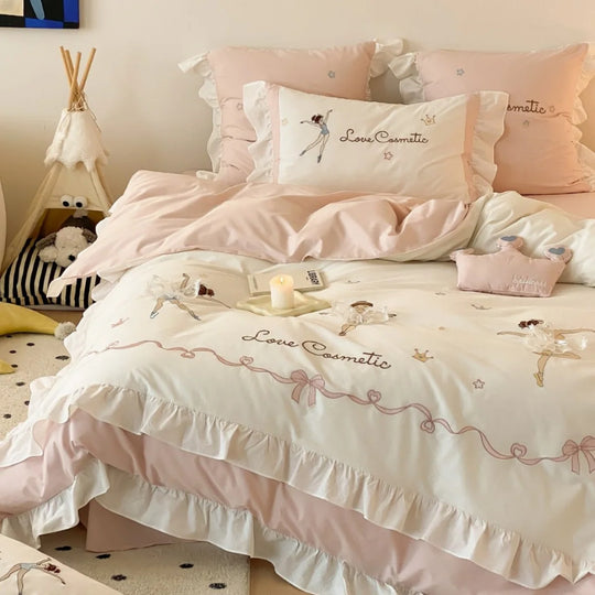 Parure de Lit 220x240 avec Volants et Imprimé Ballerine, Linge de Lit Féminin Charmant 1