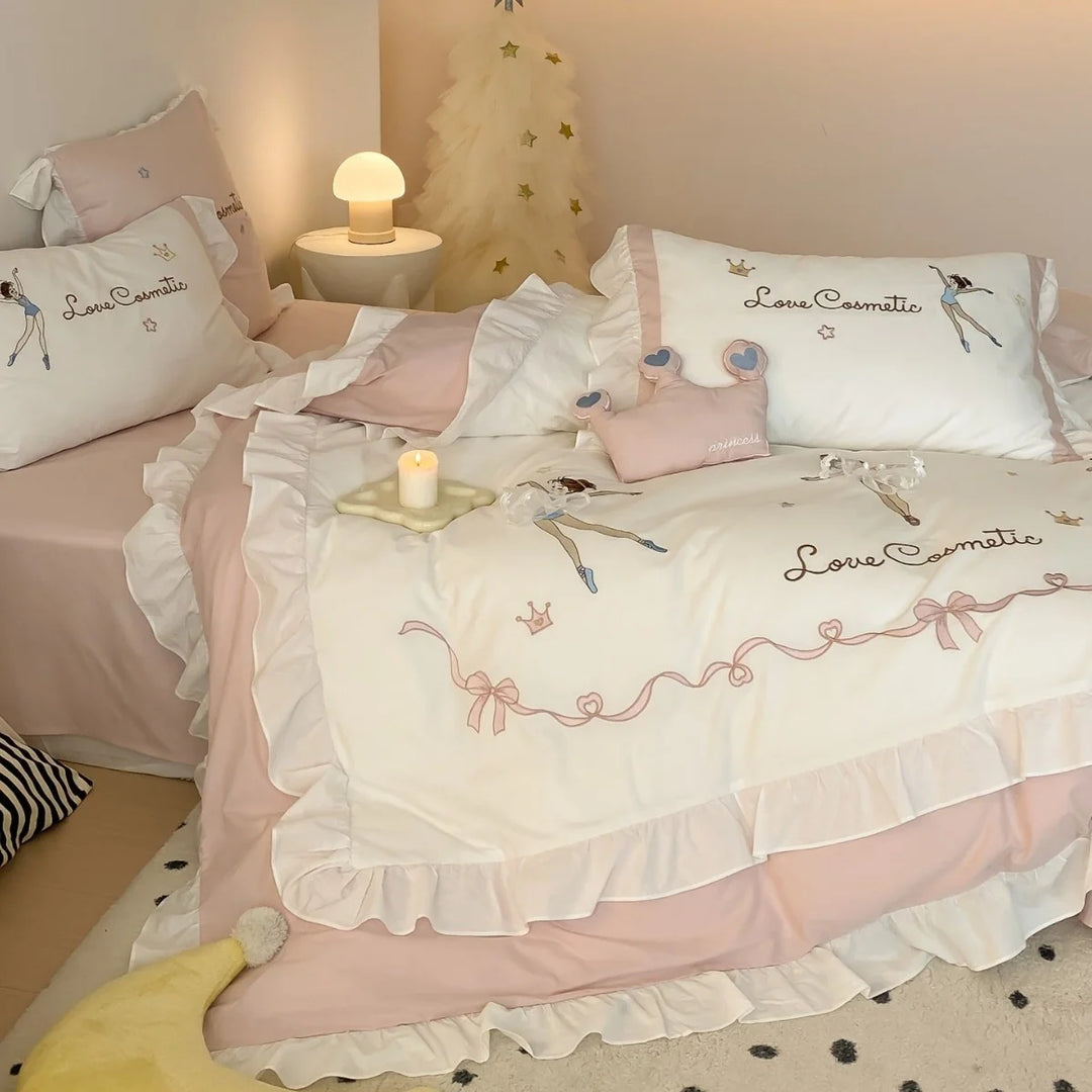 Parure de Lit 220x240 avec Volants et Imprimé Ballerine, Linge de Lit Féminin Charmant 2