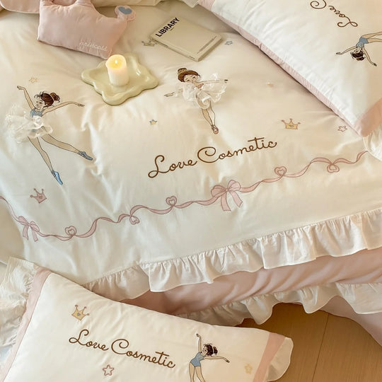 Parure de Lit 220x240 avec Volants et Imprimé Ballerine, Linge de Lit Féminin Charmant 3