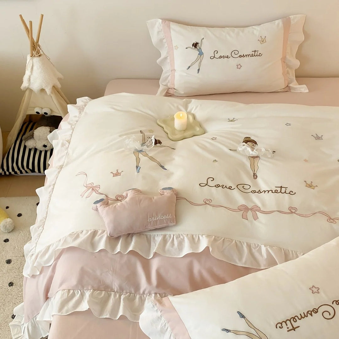 Parure de Lit 220x240 avec Volants et Imprimé Ballerine, Linge de Lit Féminin Charmant 4