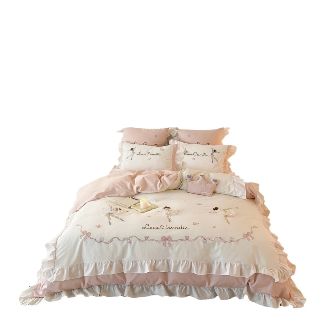 Parure de Lit 220x240 avec Volants et Imprimé Ballerine, Linge de Lit Féminin Charmant 5