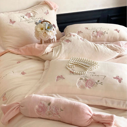 Parure de Lit Femme 220x240 Style Romantique Motifs Floraux et Papillons 2
