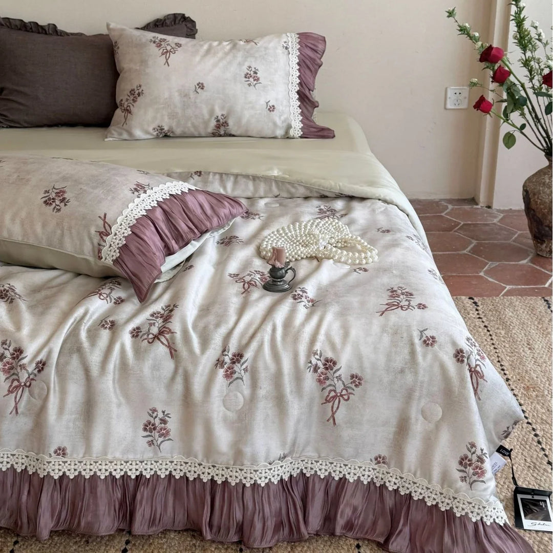 Parure de lit femme motif floral vintage avec bordure en dentelle et volant plissé 3