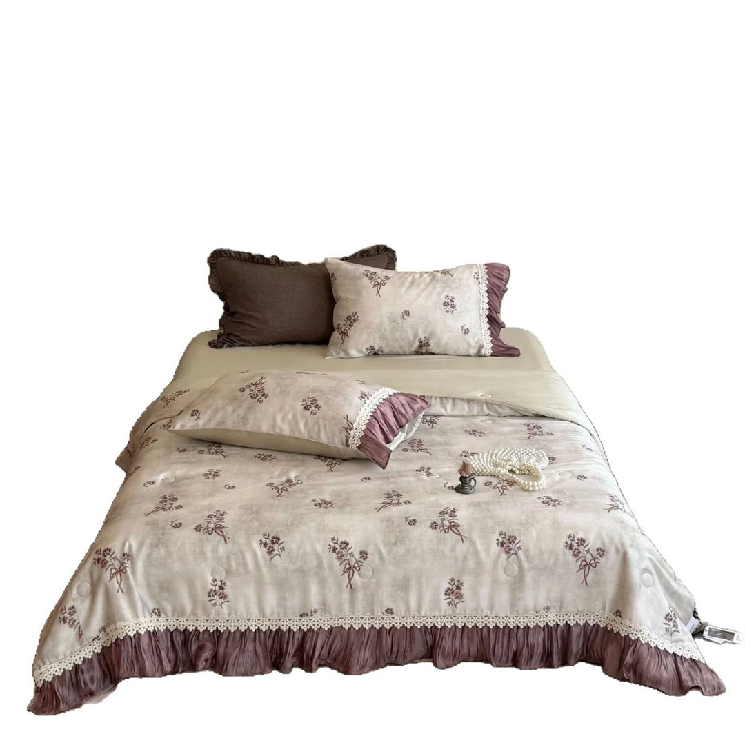 Parure de lit femme motif floral vintage avec bordure en dentelle et volant plissé 5