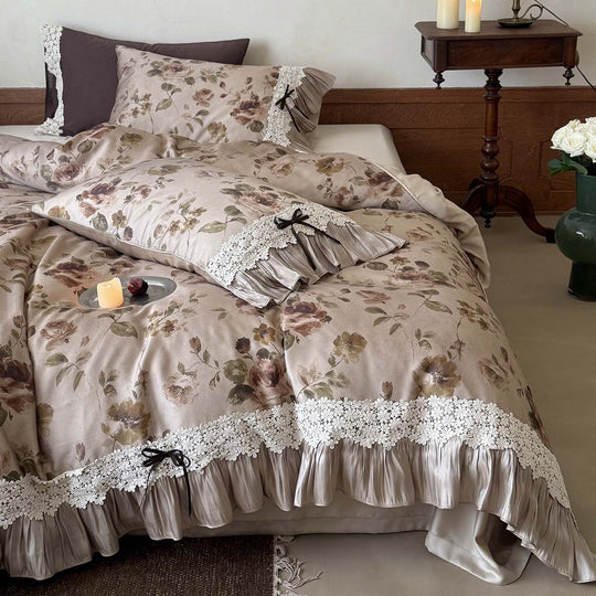 Parure de lit femme motif floral vintage avec bordure en dentelle et volant plissé 6