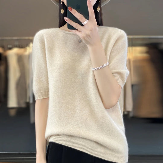 Pull Femme Laine Mérinos Col Rond Manches Courtes Doux 2