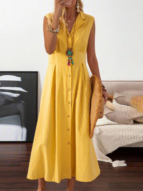 Robe Femme Mi-Longue Sans Manches Coton Lin Col Revers 3