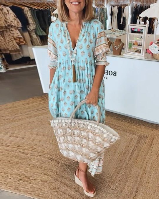 Robe Longue Femme A-Line Décolleté en V Manches Lanternes 1