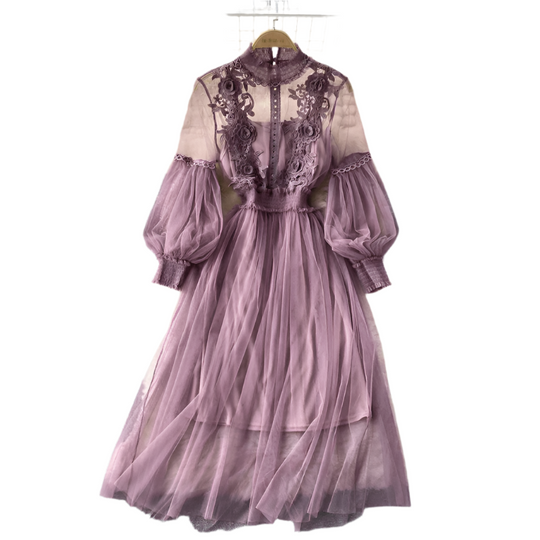 Robe de Soirée Femme Longue Col Montant Tissu Léger Accents Floraux 0
