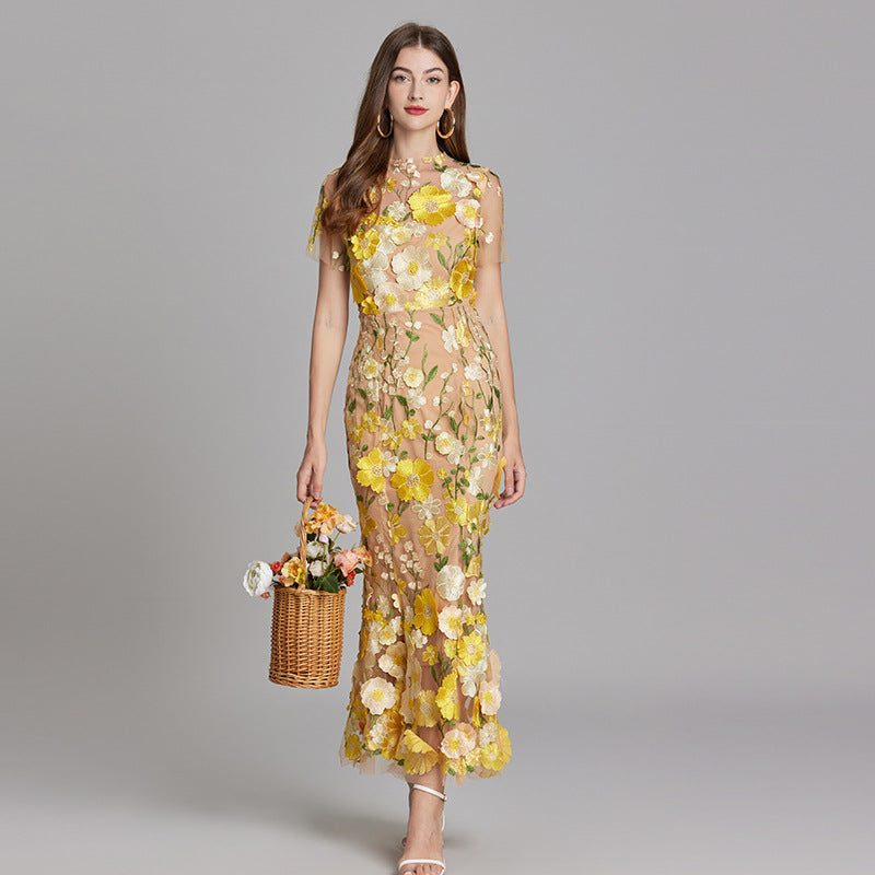 Robe de Soirée Longue Femme en Tulle avec Broderie Florale 0