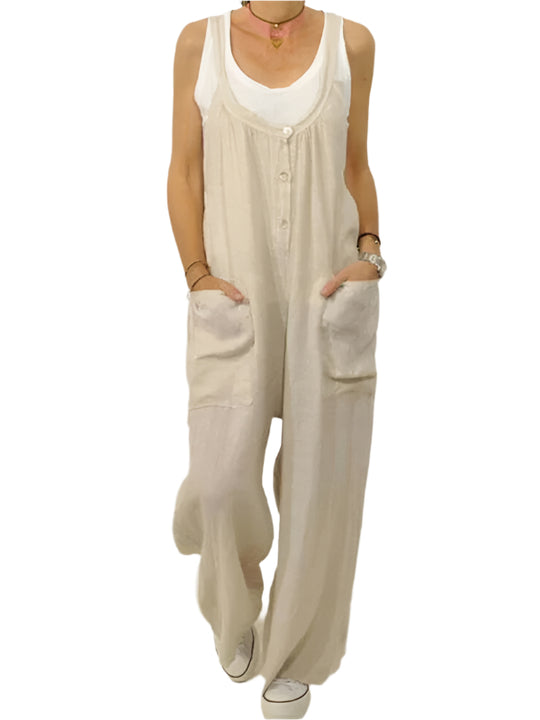 Salopette Femme Coton Lin Design Décontracté avec Poches 0