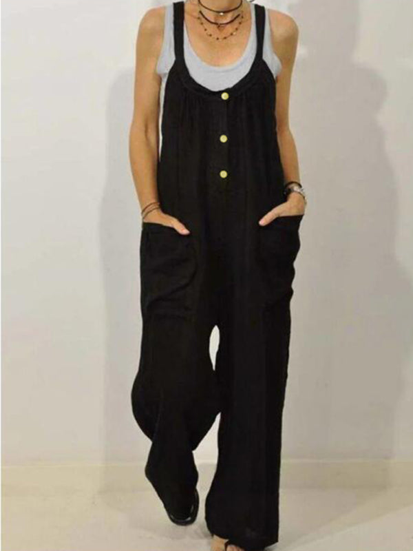 Salopette Femme Coton Lin Design Décontracté avec Poches 2