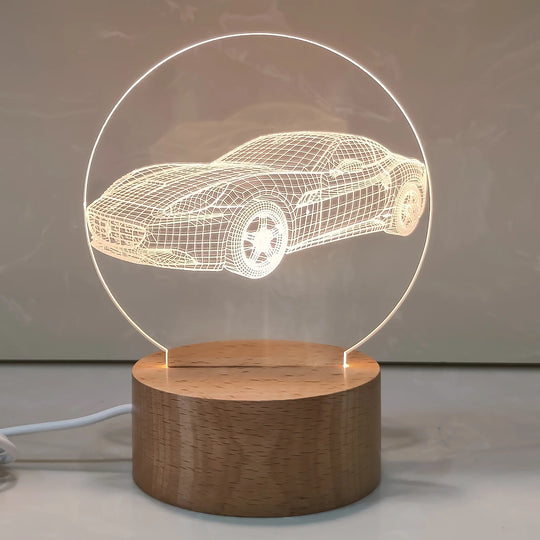 Veilleuse d'ambiance 3D avec abat-jour diffusant et socle en bois naturel 0
