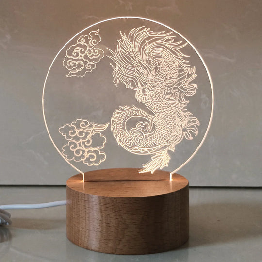 Veilleuse d'ambiance 3D avec abat-jour diffusant et socle en bois naturel 5