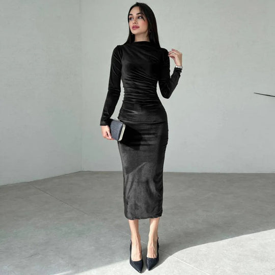 Robe midi à manches longues en velours pour femme