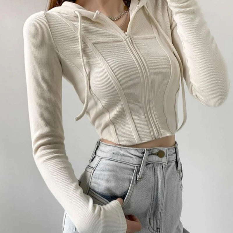Sweat à capuche court ajusté zippé pour femmes