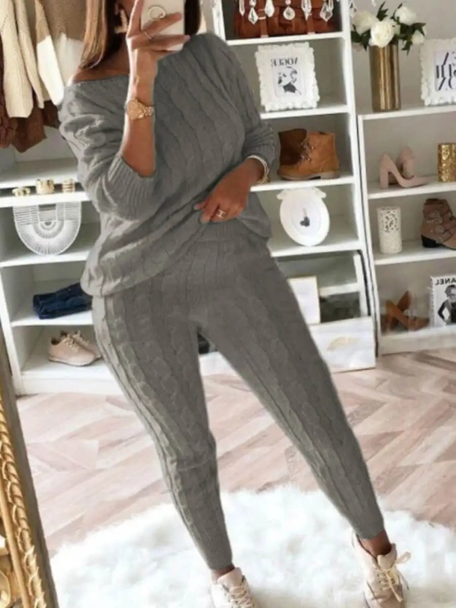 Ensemble pantalon en tricot à épaules tombantes Plus Size
