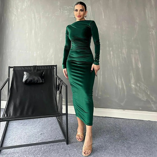 Robe midi à manches longues en velours pour femme