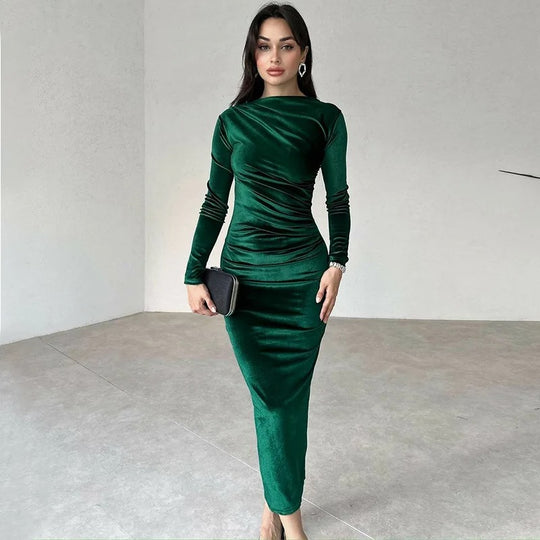 Robe midi à manches longues en velours pour femme