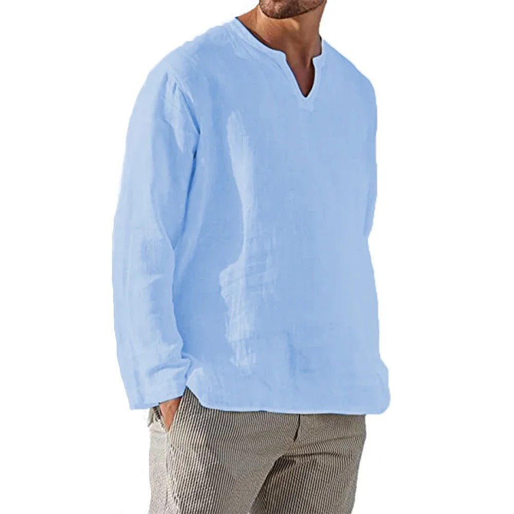 Chemise en coton et lin à col en V pour homme