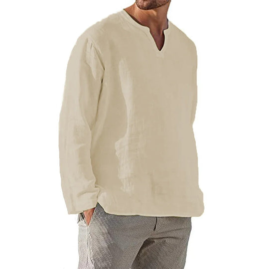 Chemise en coton et lin à col en V pour homme