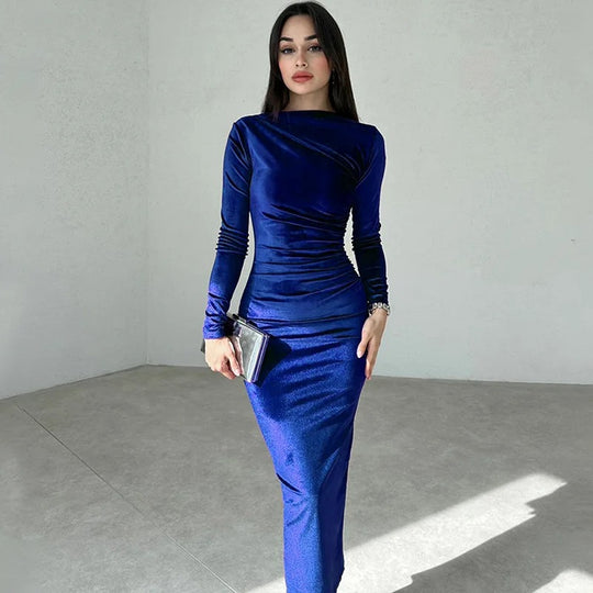 Robe midi à manches longues en velours pour femme