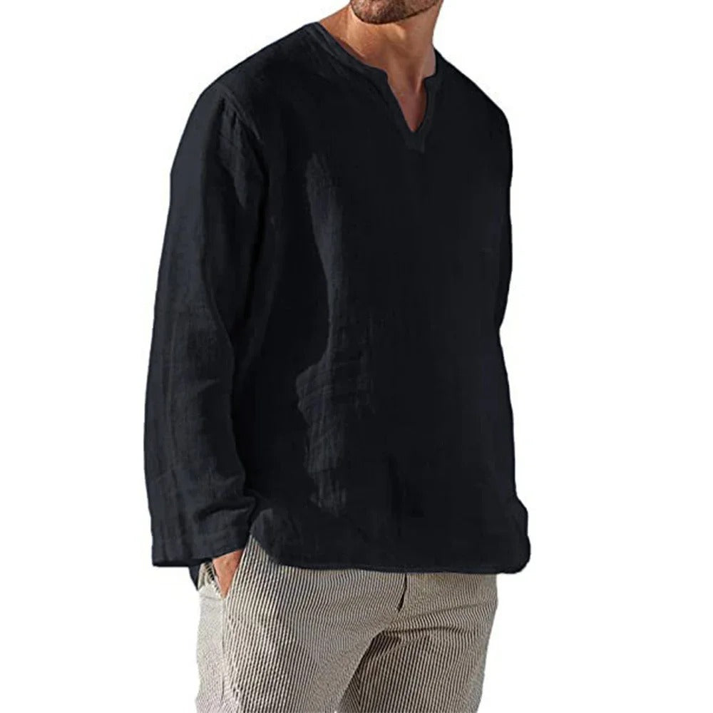 Chemise en coton et lin à col en V pour homme