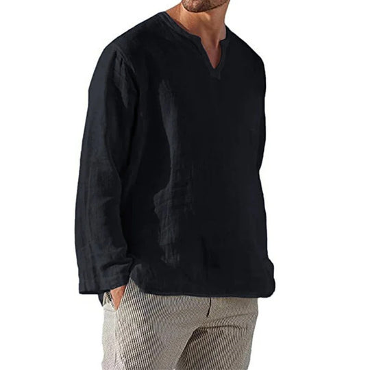 Chemise en coton et lin à col en V pour homme