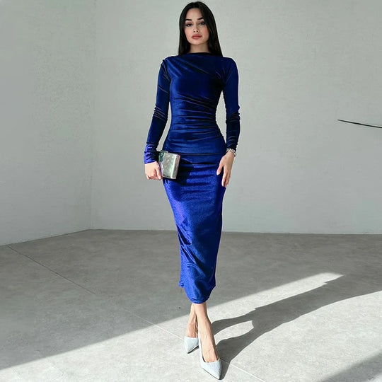 Robe midi à manches longues en velours pour femme