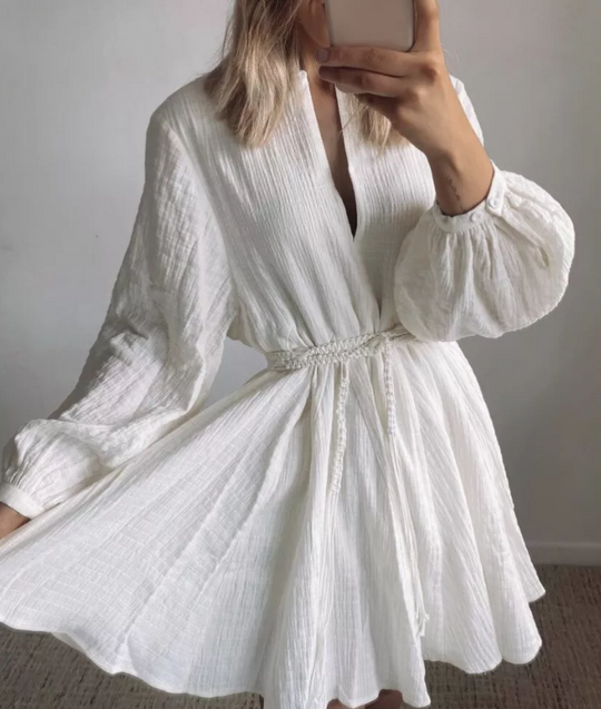 Robe à manches courtes et ballon avec ceinture nouée pour femme