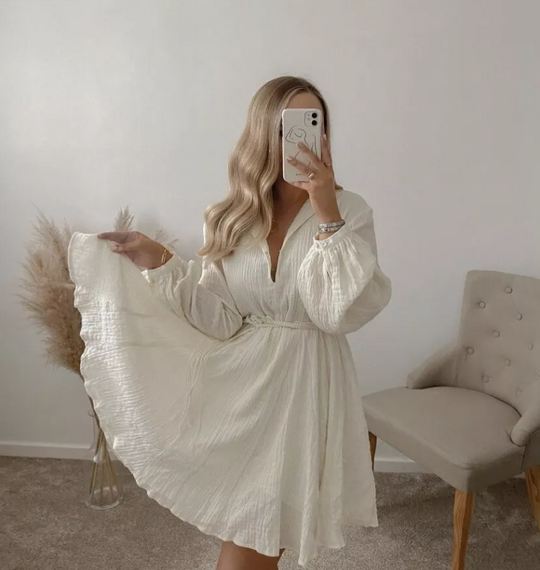 Robe à manches courtes et ballon avec ceinture nouée pour femme