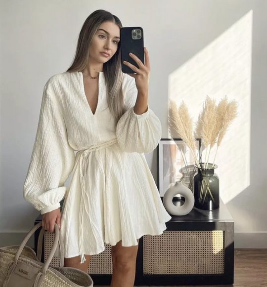 Robe à manches courtes et ballon avec ceinture nouée pour femme