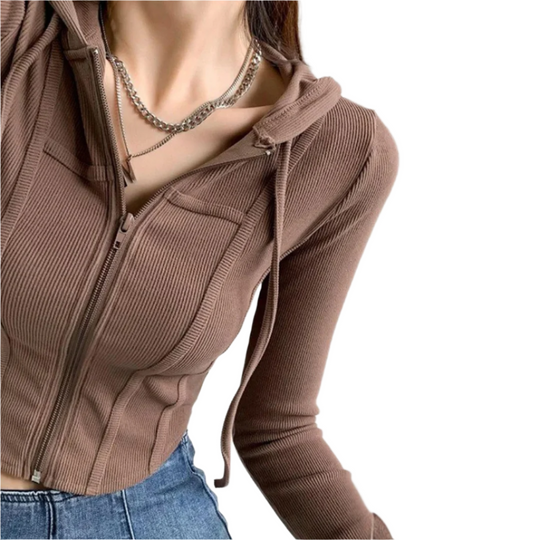 Sweat à capuche court ajusté zippé pour femmes